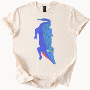 Electric Blue Crocodile Graphic Tee with Bold Yellow Eyes